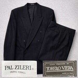 VTG 90s Pal Zileri Double Breasted Wool Suit Men 43R 36x31 Black Pinstripe Peak